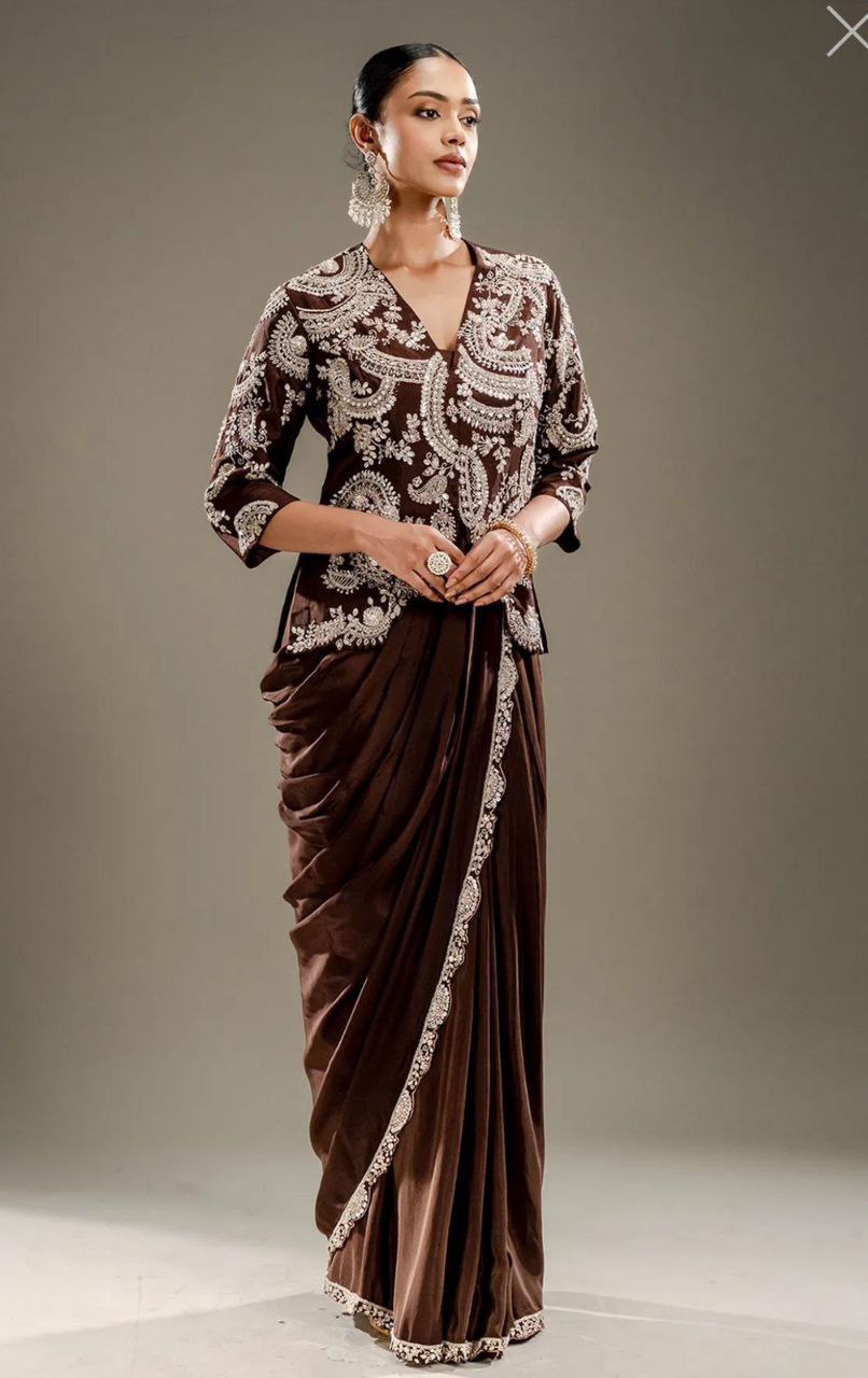 Ready-to-Wear Chinon Silk Jacket Saree with Embroidered Blouse