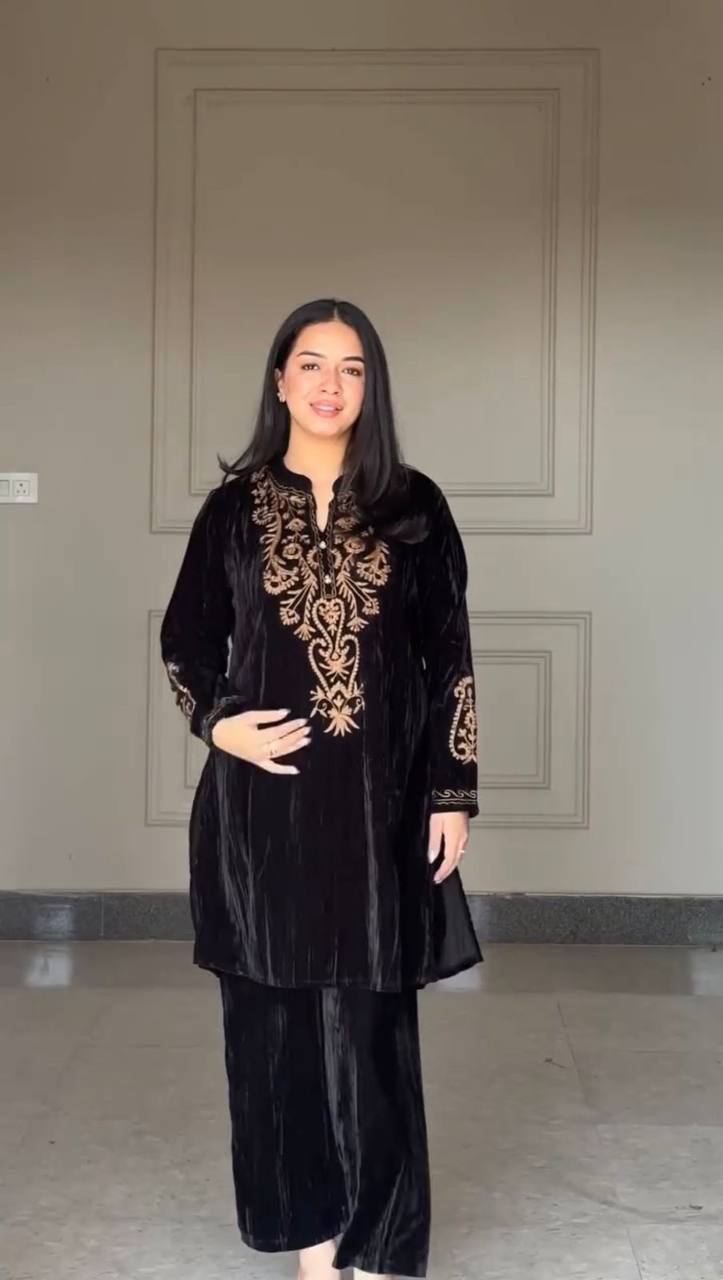 Velvet Co-Ord Set with Embroidery Work – Winter Collection 2025
