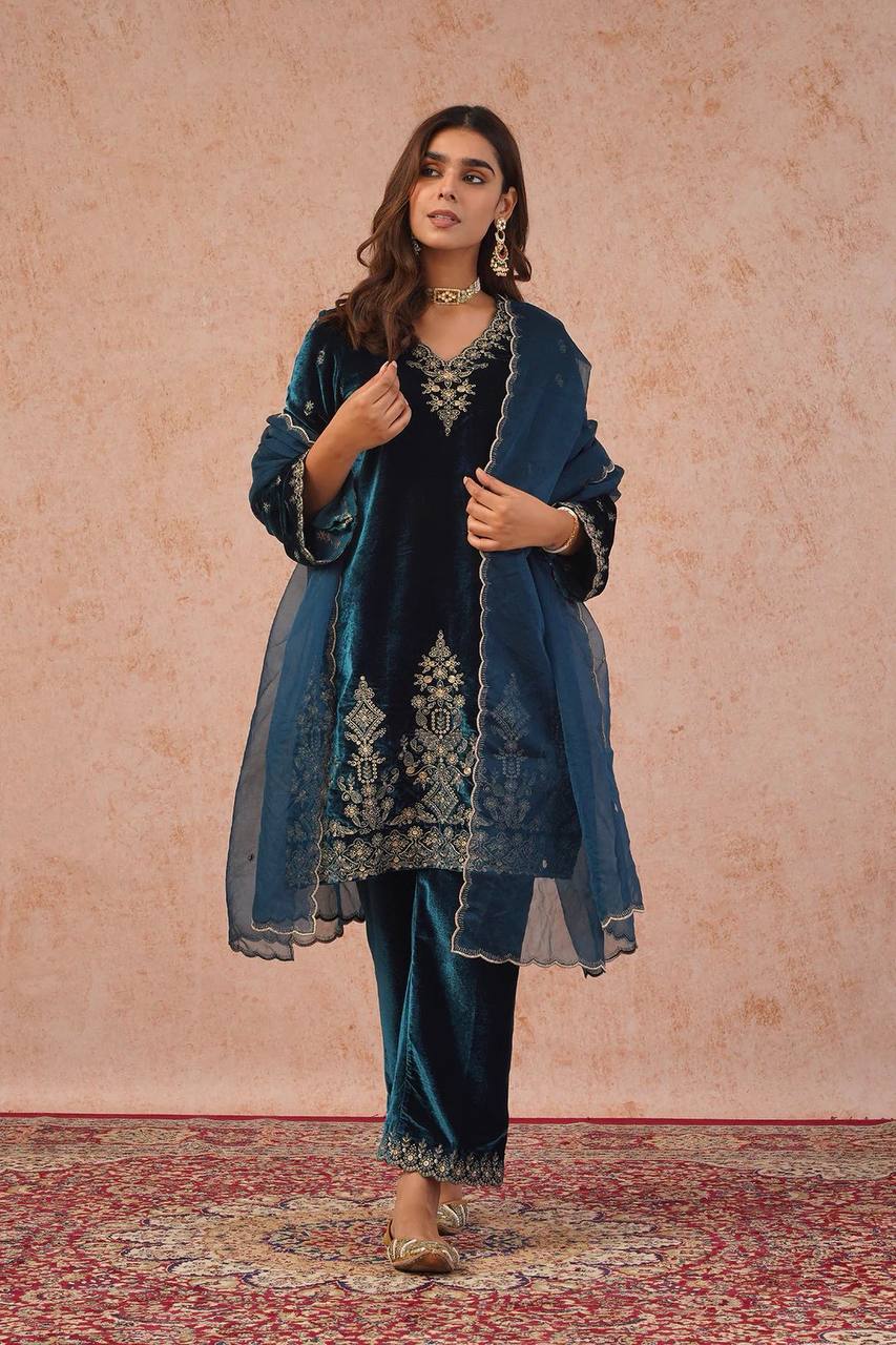 Designer Viscose Velvet Top, Pant and Dupatta Set with Thread Work