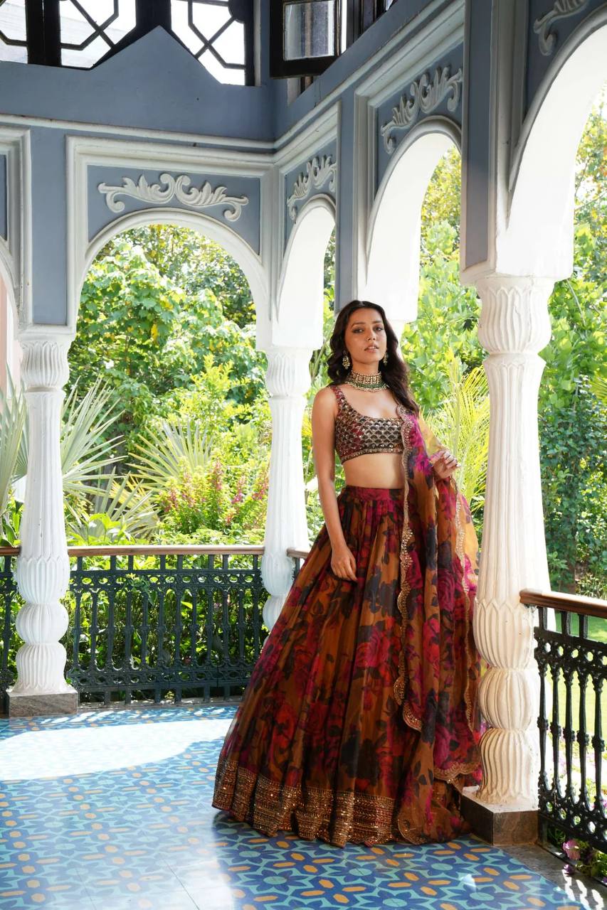 Boutique Style Organza Lehenga Choli and Dupatta Set with Digital Print and Sequin Work