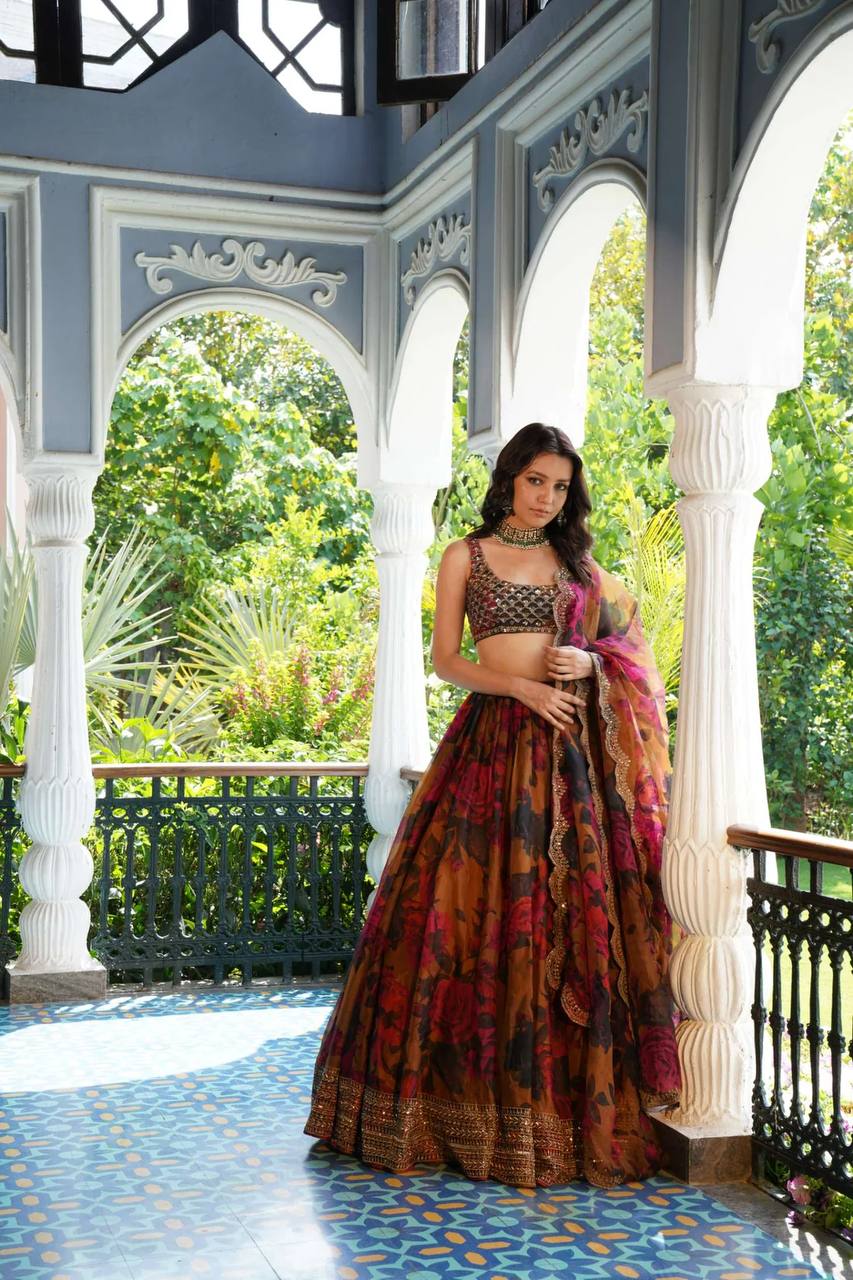 Boutique Style Organza Lehenga Choli and Dupatta Set with Digital Print and Sequin Work