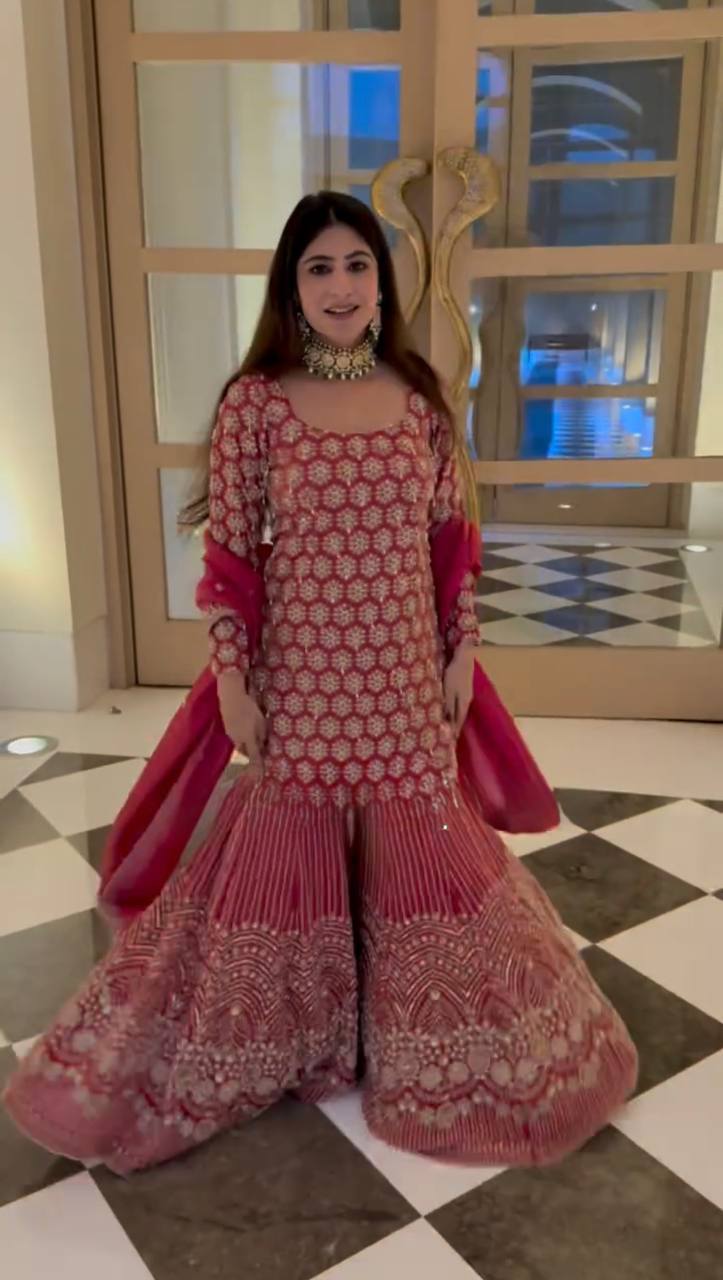 Faux Georgette Embroidered Top Sharara Set with Dupatta