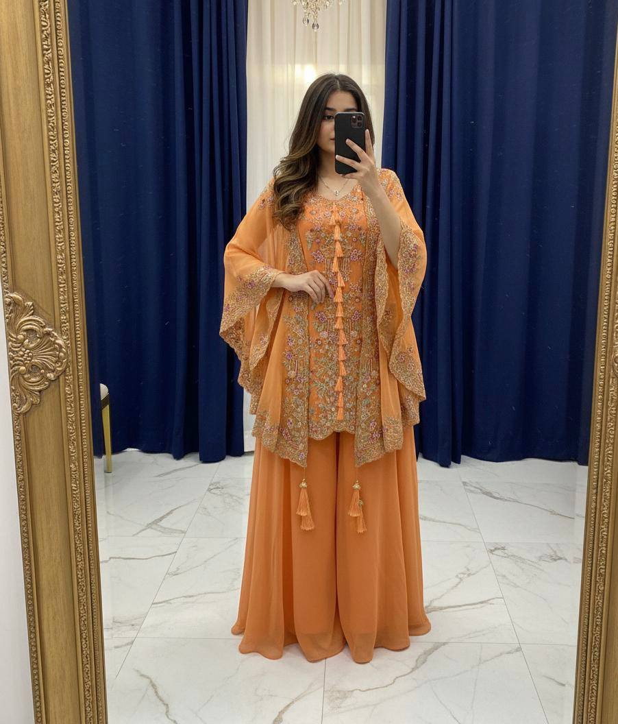 Designer Kurta Plazzo Set with Embroidered Shrug