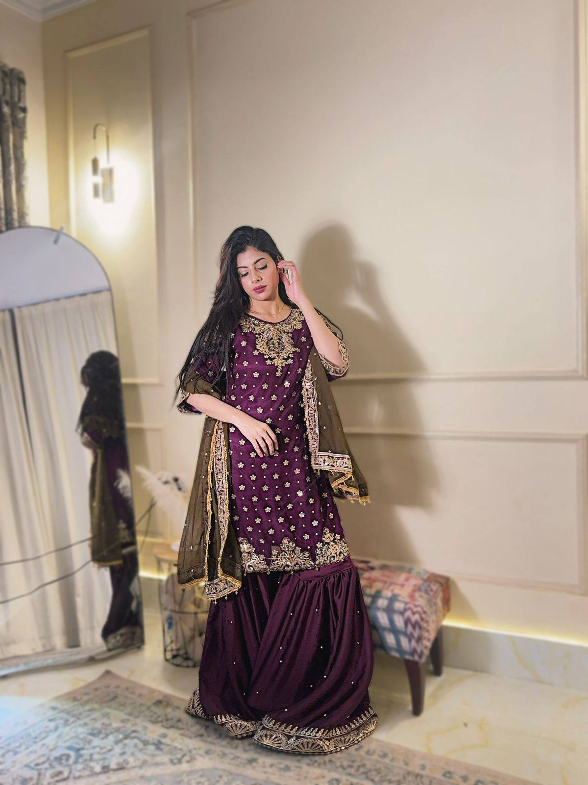 Designer Chinon Silk Kurti Sharara Set with Embroidered Dupatta