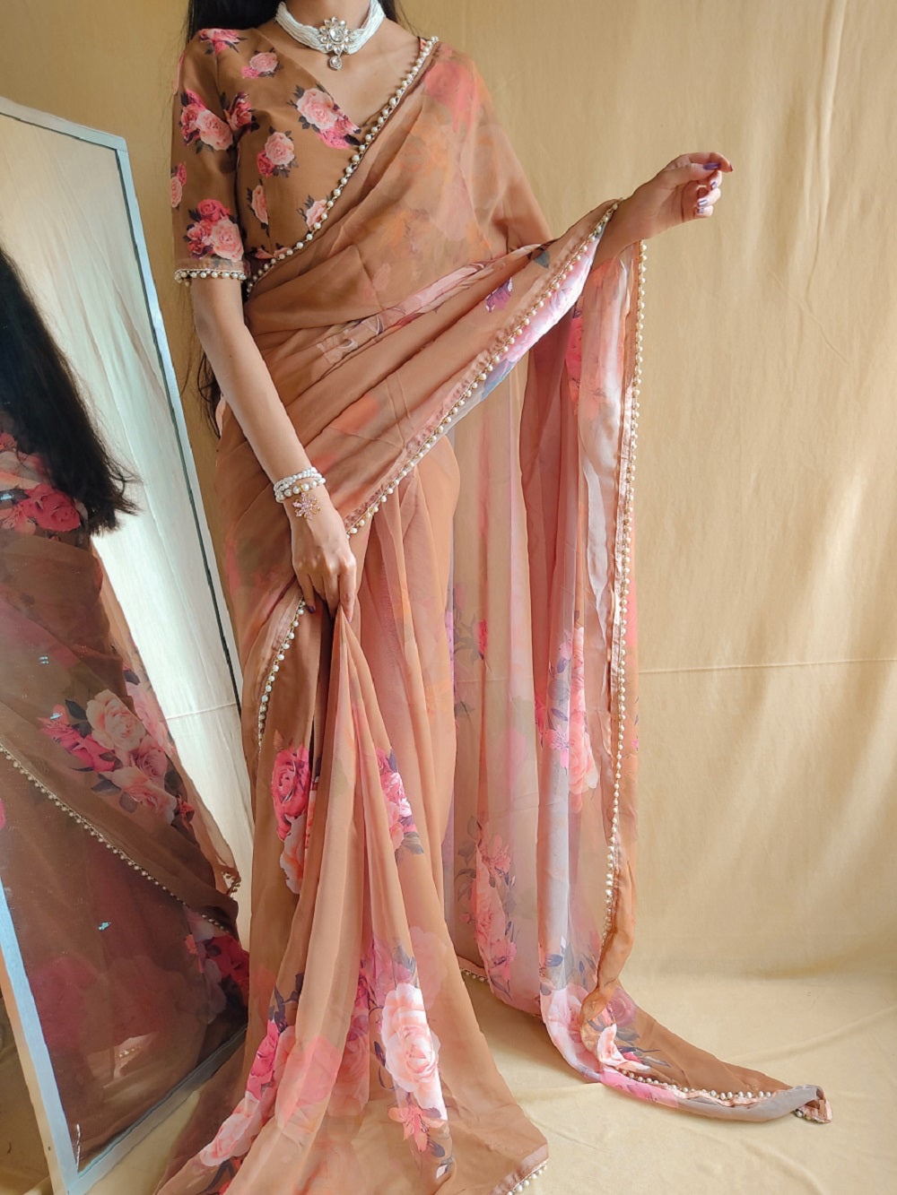 Ready To Wear Brown Color Printed With Peral Lace Border Georgette Saree