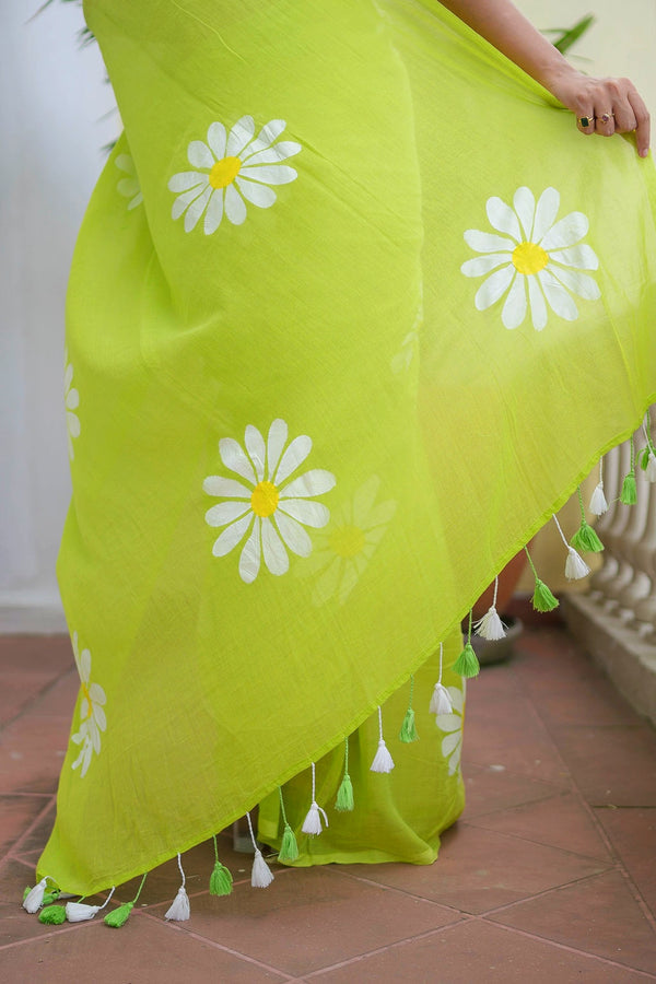 Green Hand Painted Mulmul Cotton Ready To Wear Saree