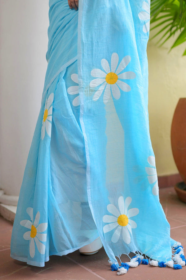 Sky Blue Hand Painted Mulmul Cotton Ready To Wear Saree