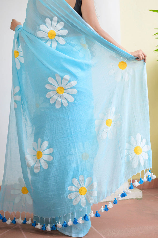 Sky Blue Hand Painted Mulmul Cotton Ready To Wear Saree