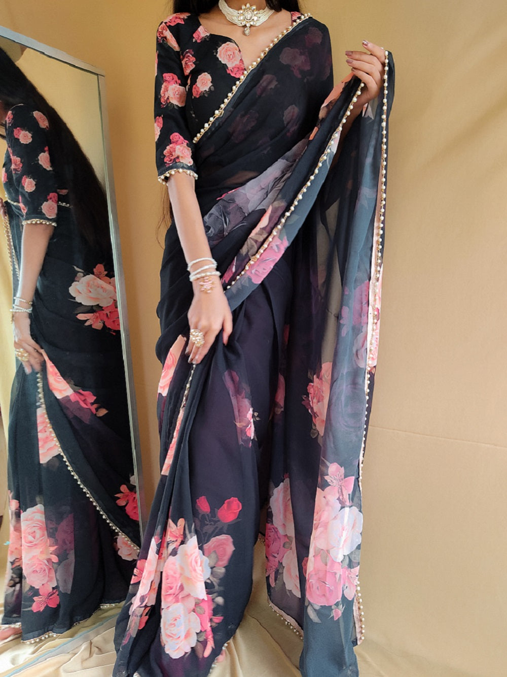 Ready To Wear Black Color printed With Peral Lace Border Georgette Saree