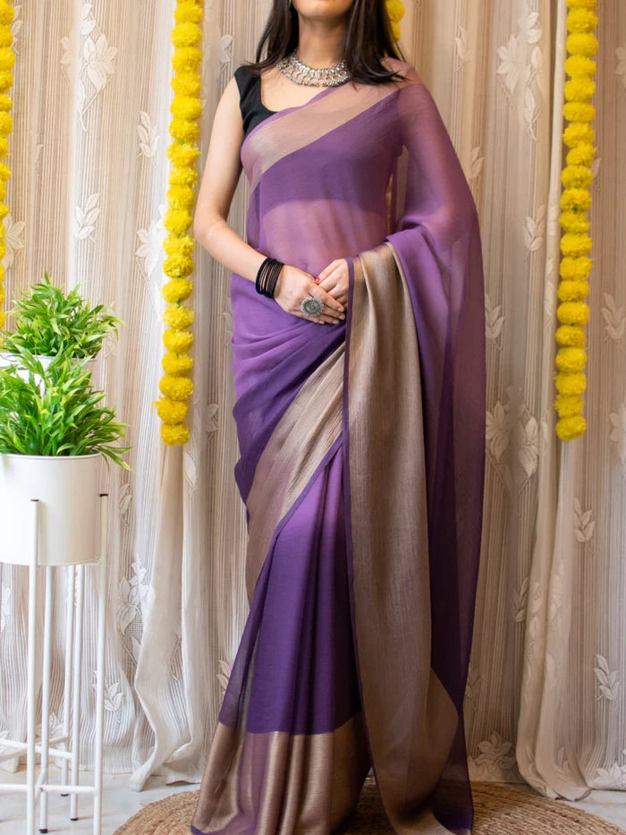 1-MIN READY TO WEAR SAREE IN PREMIUM CHIFFON SILK WITH ZARI PATTA