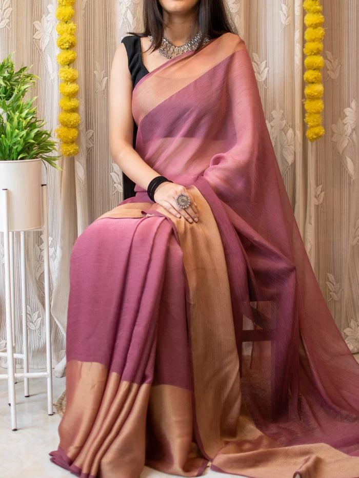 1-MIN READY TO WEAR PEACH PEDING  SAREE IN PREMIUM CHIFFON SILK WITH ZARI PATTA