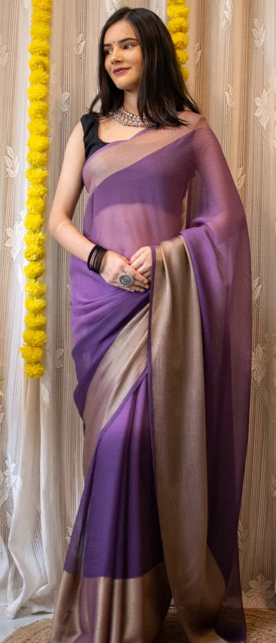 1-MIN READY TO WEAR SAREE IN PREMIUM CHIFFON SILK WITH ZARI PATTA