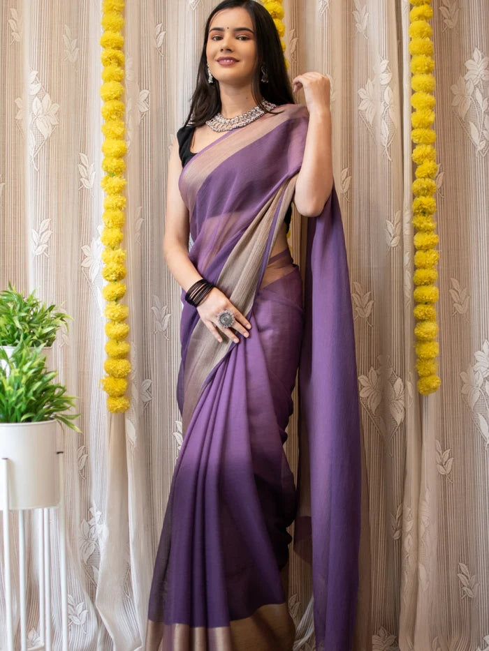 1-MIN READY TO WEAR SAREE IN PREMIUM CHIFFON SILK WITH ZARI PATTA