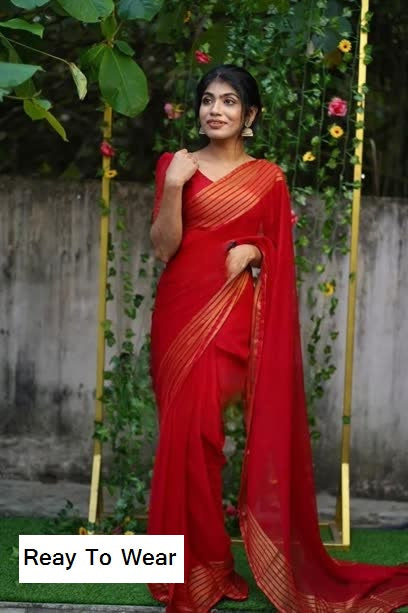 1-MIN NEW  READY TO WEAR SAREE IN PREMIUM CHIFFON SILK WITH ZARI PATTA