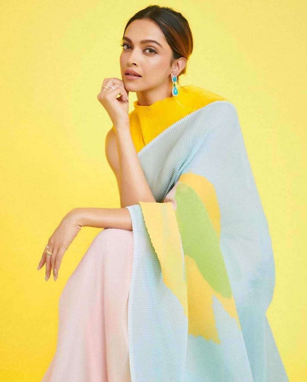 Party Wear Deepika Padukone Style Yellow Color Pleated Saree