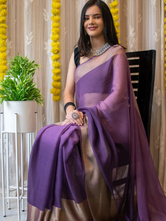 1-MIN READY TO WEAR SAREE IN PREMIUM CHIFFON SILK WITH ZARI PATTA