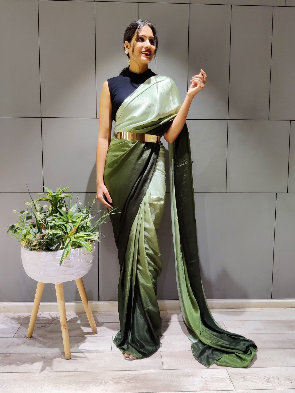 1-MIN READY TO WEAR SAREE IN GREEN PISTA PREMIUM CHINON SILK